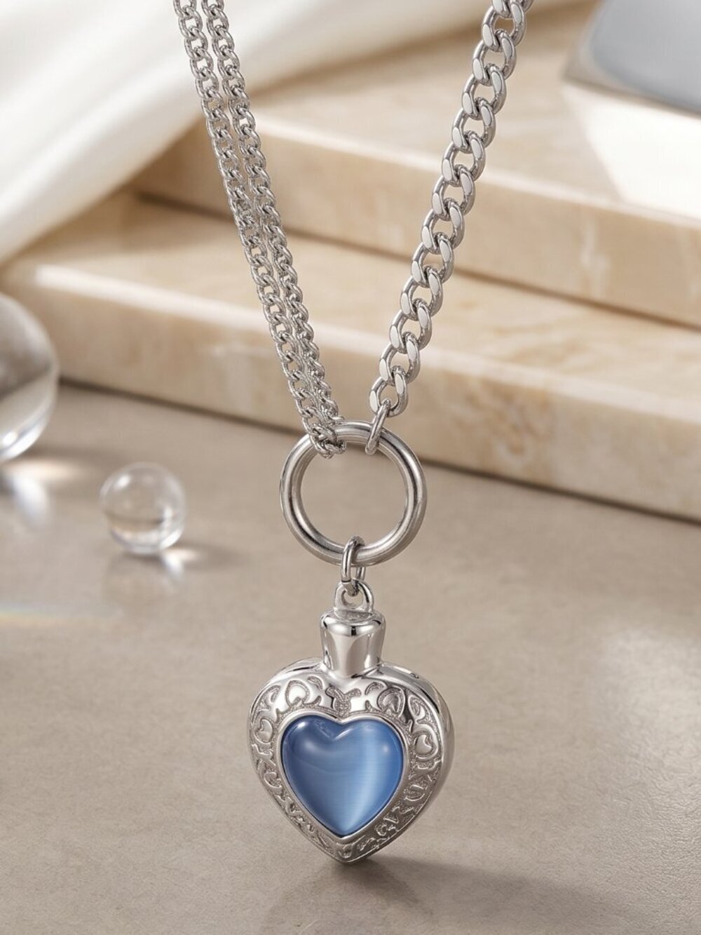 18k White Gold Plated 304 SS Blue Cat's Eye Heart Locket Pendant Necklace